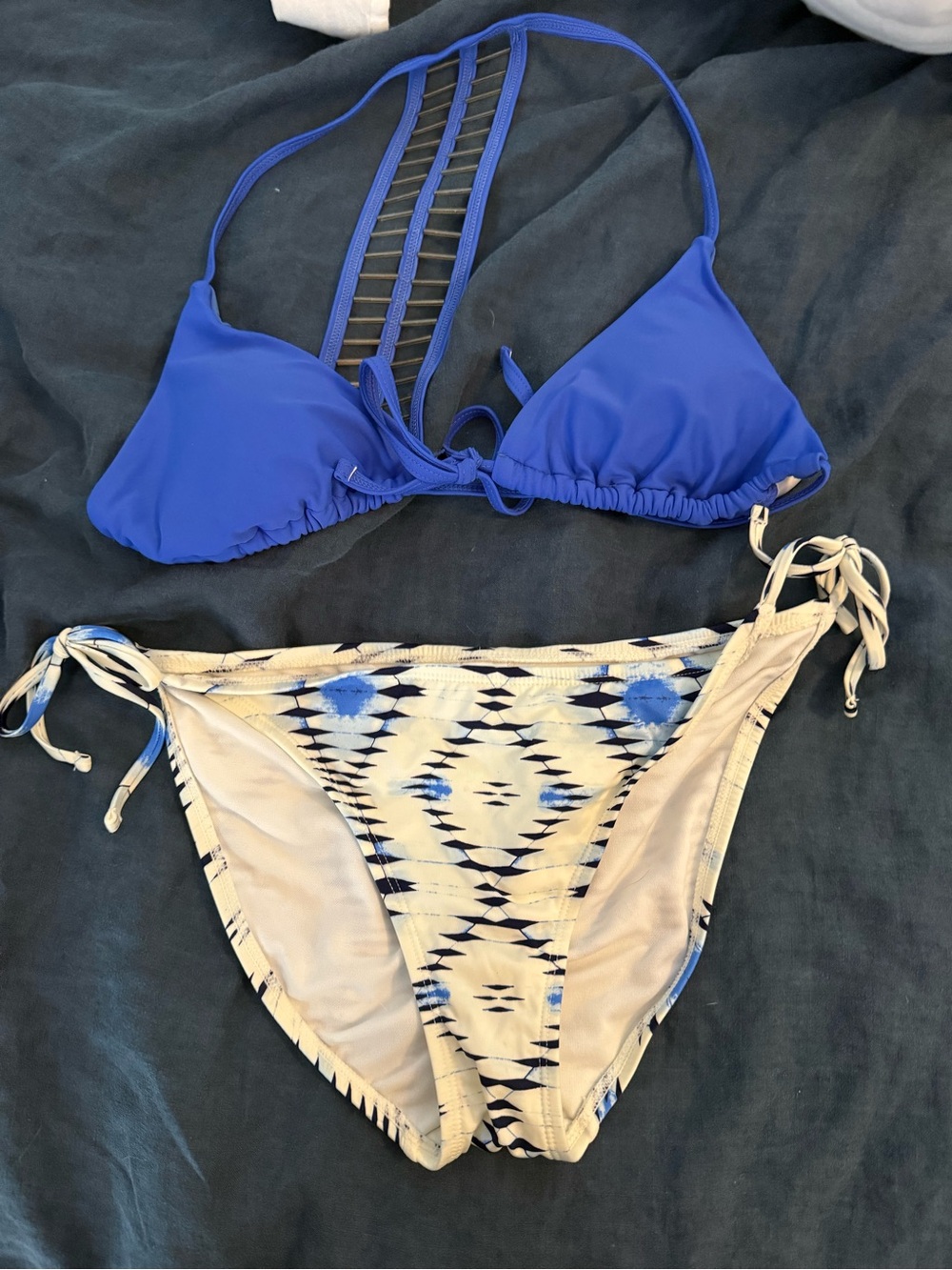 Xhilaration Royal Blue Triangle Bikini Top with beadwork  White & Navy Bottoms